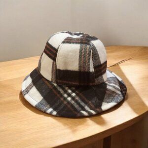 David & Young Plaid Bucket Hat Brown‎ Gray Cream Winter Polyester Wool Lined